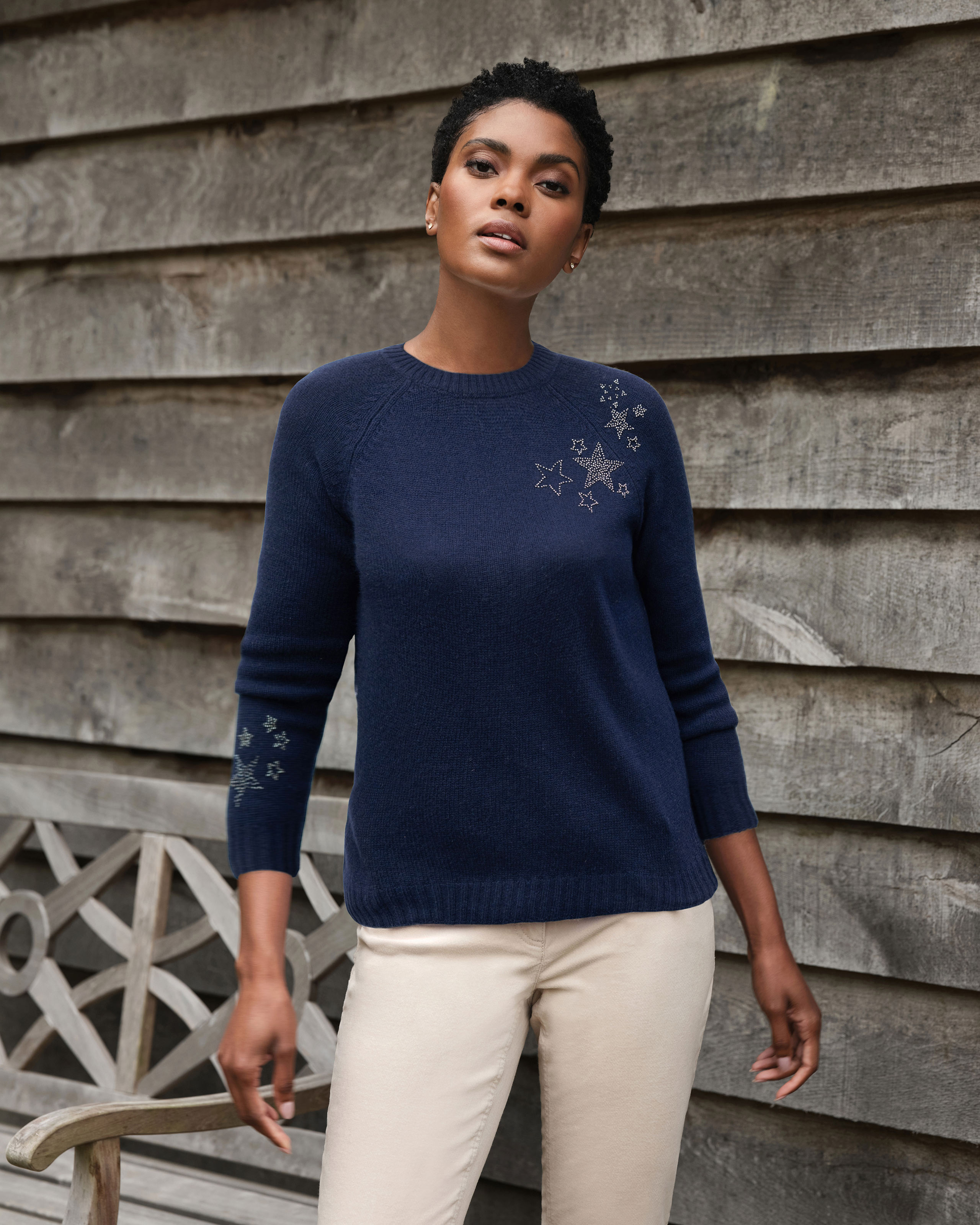 Navy Cashmere Beaded Lofty Sweater Pure Collection