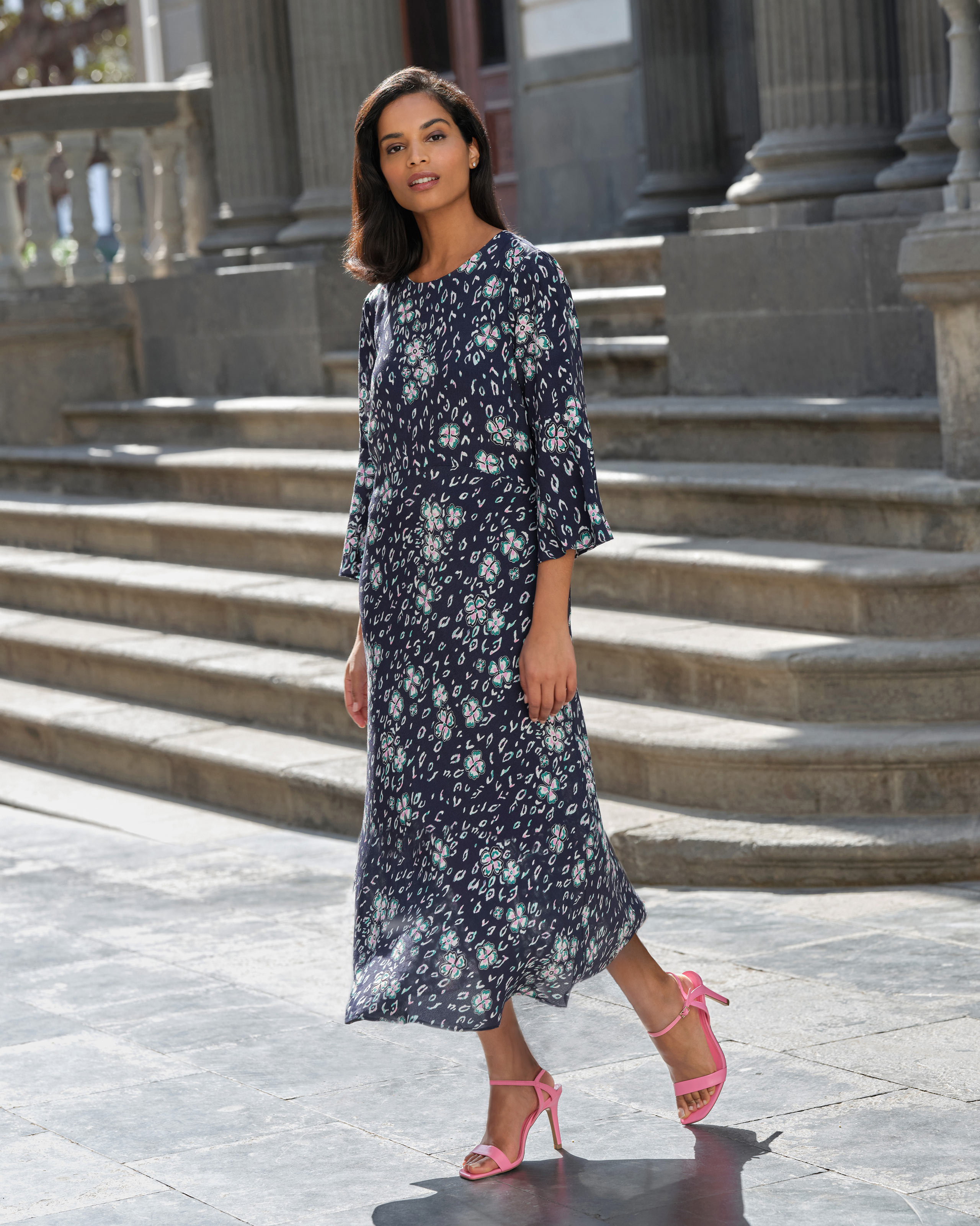 Animal Floral | Fluted Sleeve Midi Dress | Pure Collection