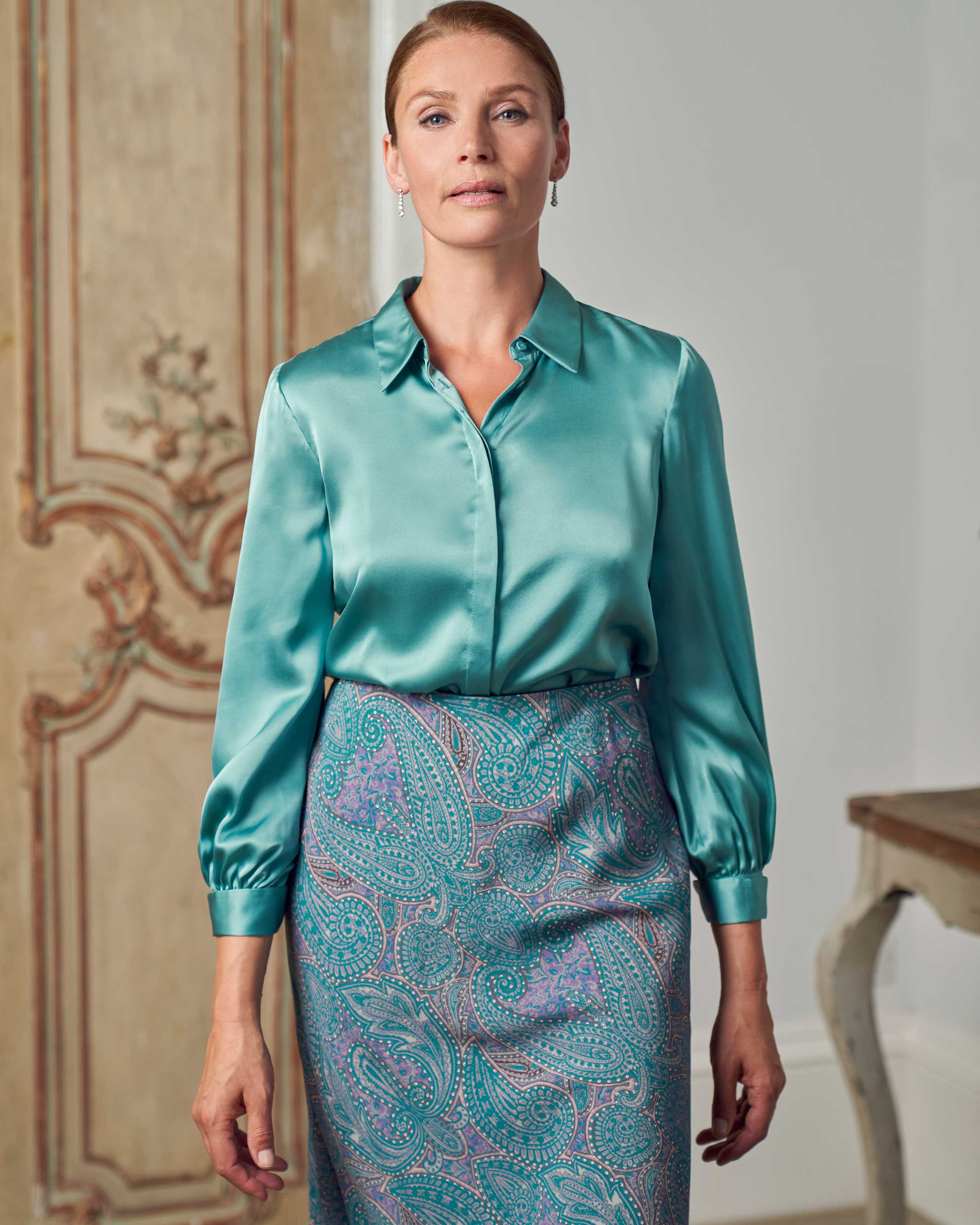Light Teal Silk Satin Shirt Pure Collection