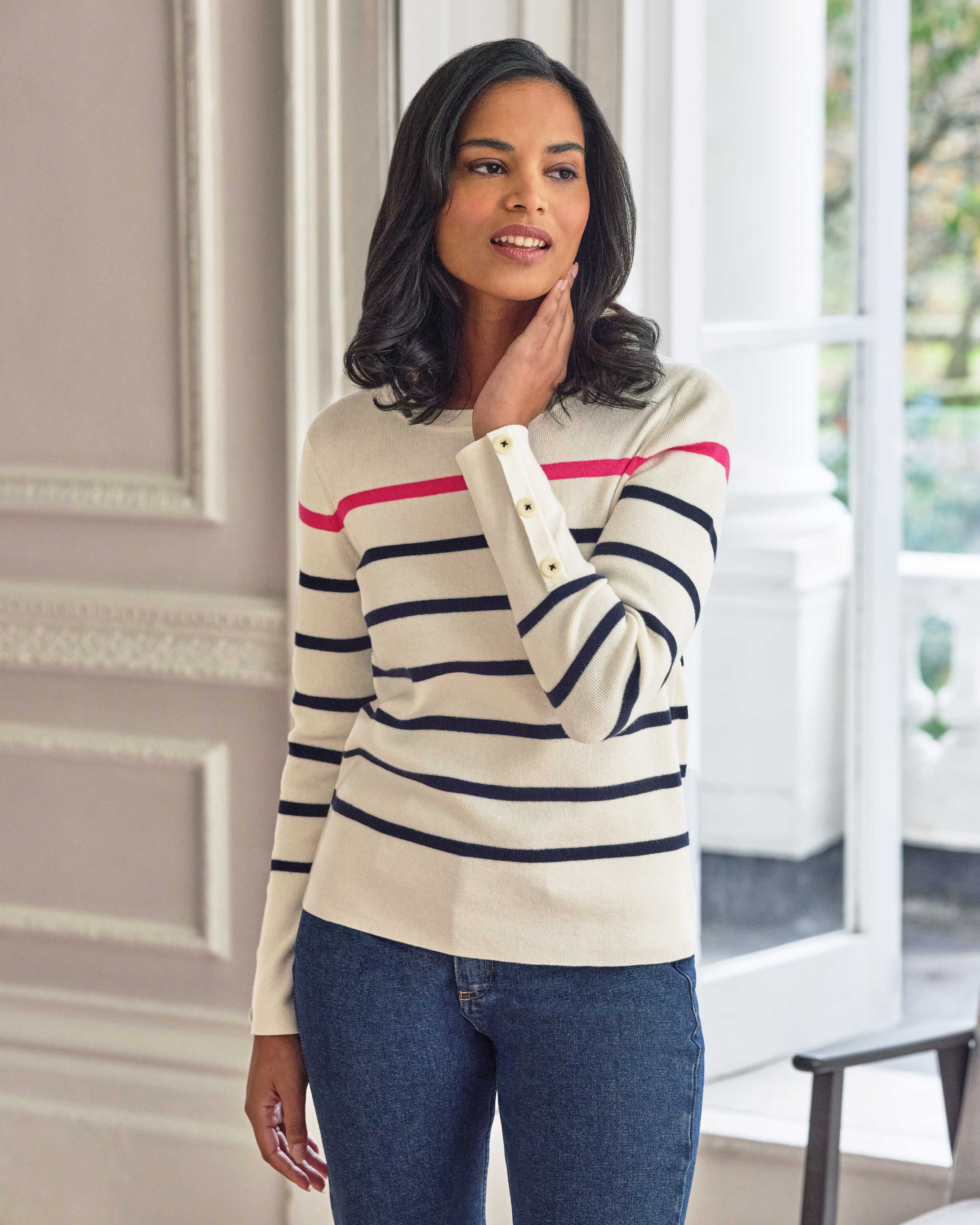 Navy/White/Red | Cotton Wool Striped Button Sleeve Sweater | Pure ...